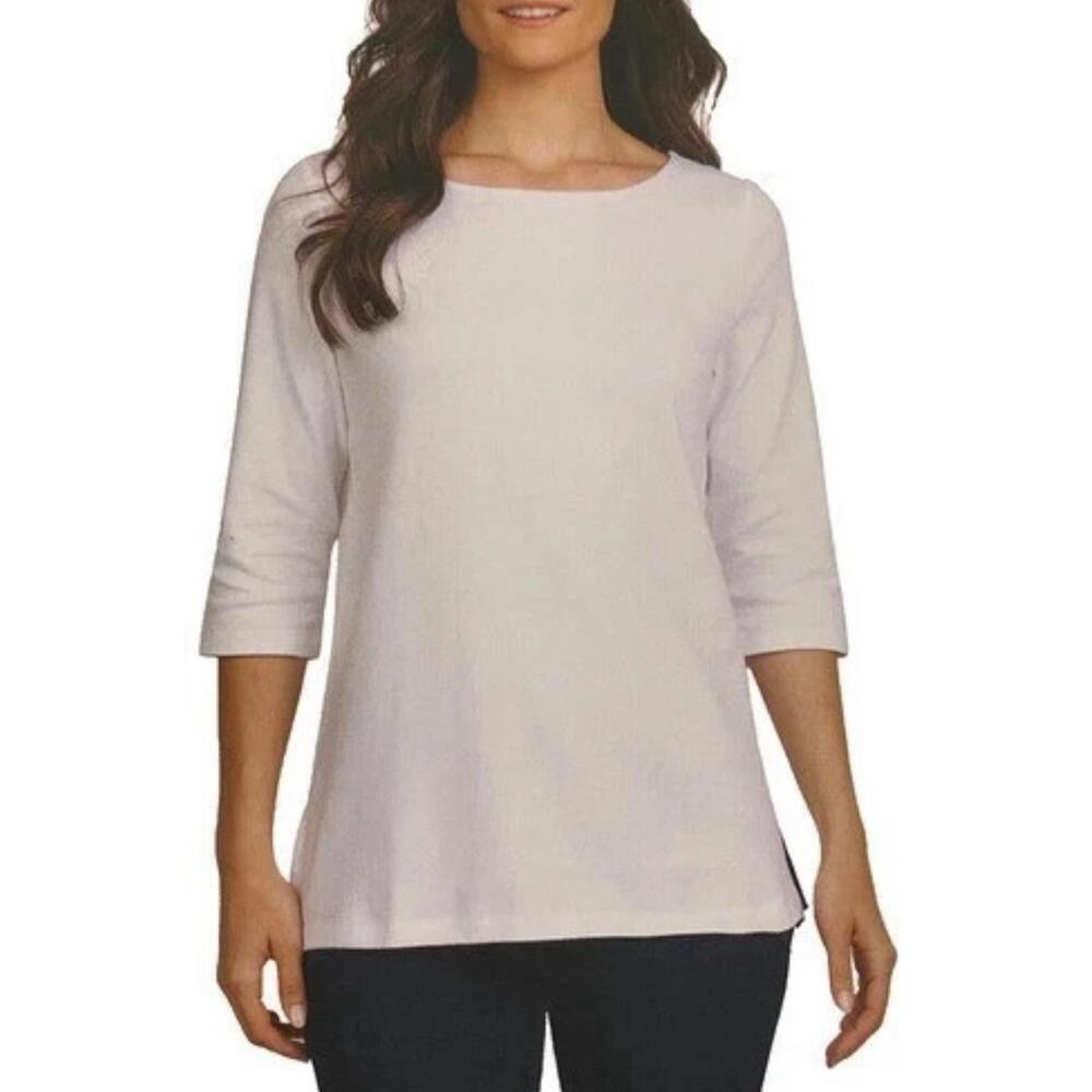 Lands' End Women's 3/4 Sleeve Boat Neck Pima Cotton Tee, White, Size M. M